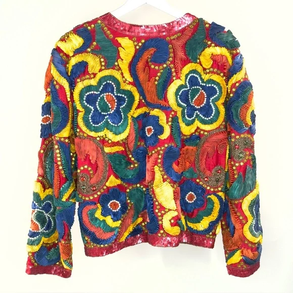 NEW Designer Sample Embroidered Jacket Colorful Boho Floral Statement Sz M - Picture 6 of 14